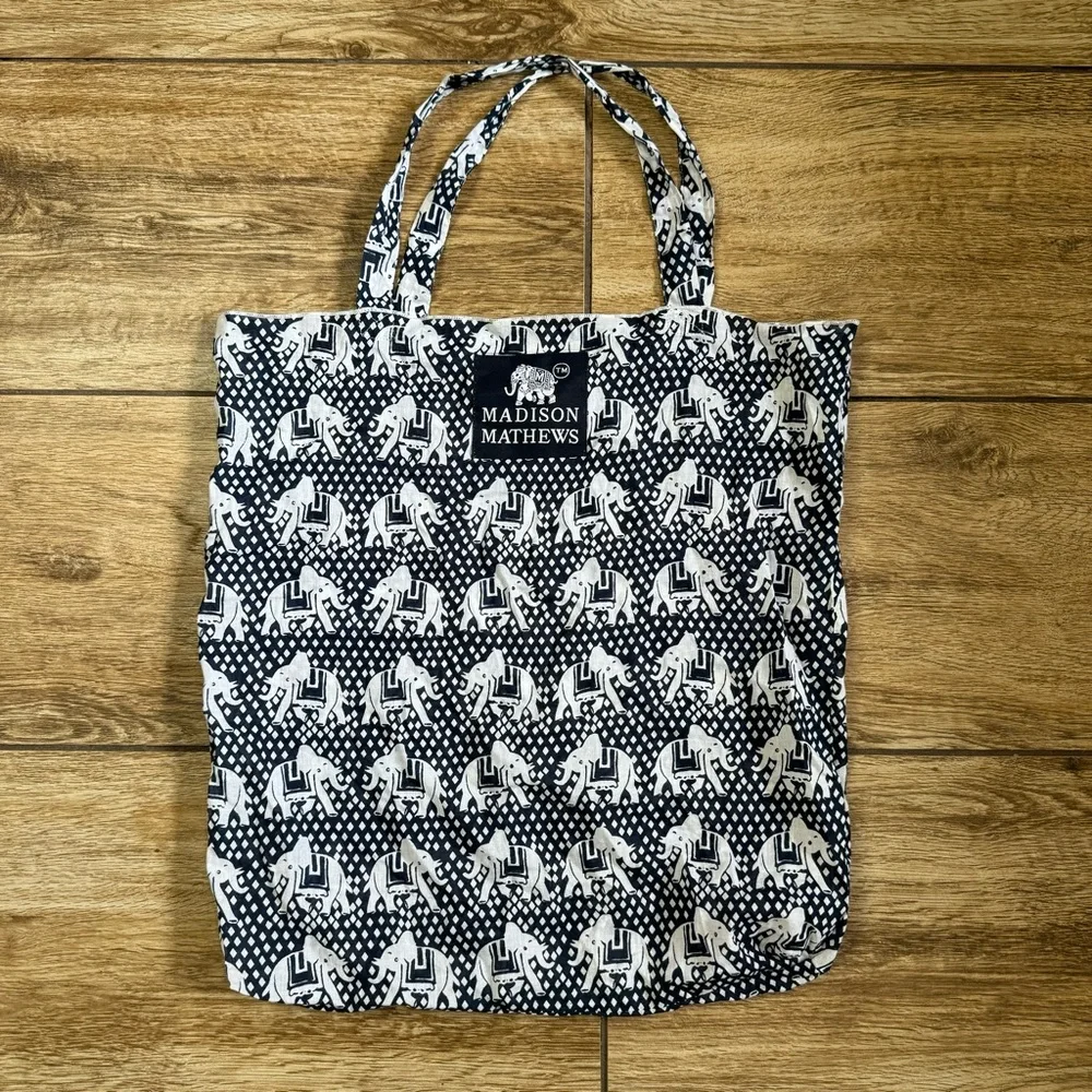 Madison Mathews Elephant Packable Tote Boho Bag Cloth Shoulder Bag Blue White